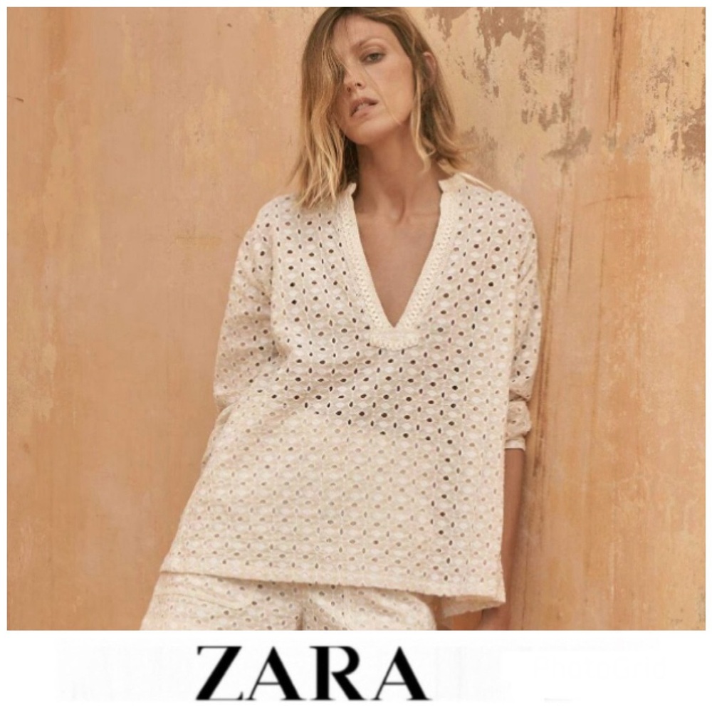 ZARA Cream Blouse Cutwork Embroidery Viscose Blend Long Sleeves Top Sz L NEW